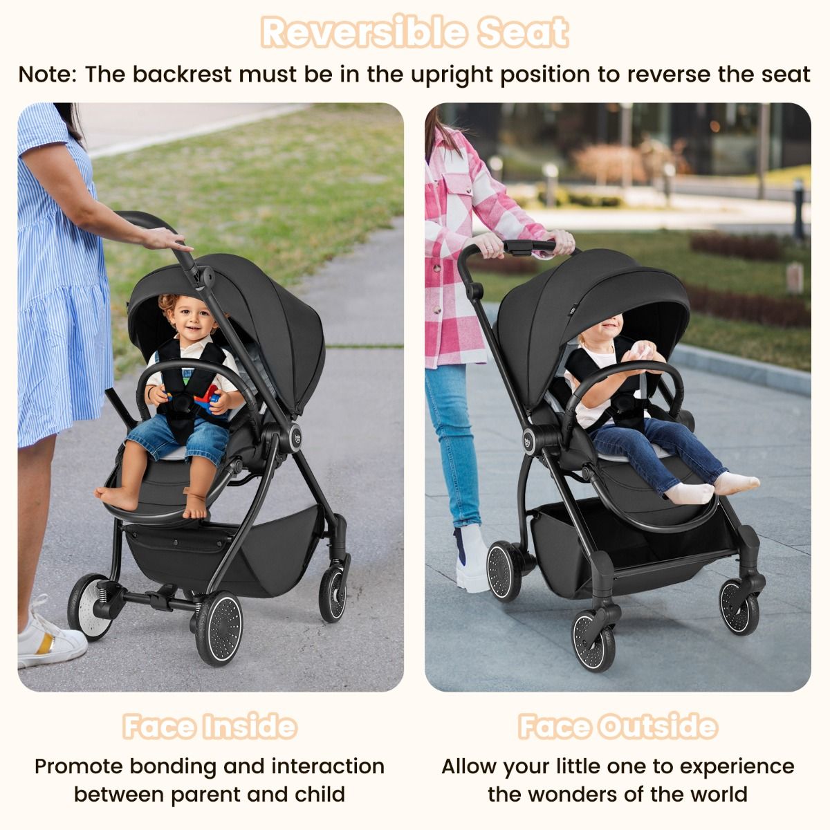 Coast Faltbarer Kinderwagen 94x51x102 cm Schwarz mit umkehrbarem Sitz, verstellbarer Rückenlehne und Verdeck