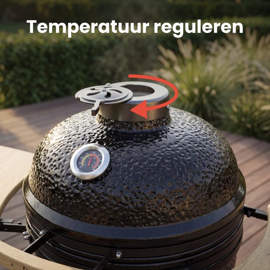 KitchenBrothers Kamado BBQ - 18 Zoll Holzkohlegrill - 38,5⌀ cm - Komplettset - Eiergrill mit Zubehör inklusive Abdeckung - Schwarz