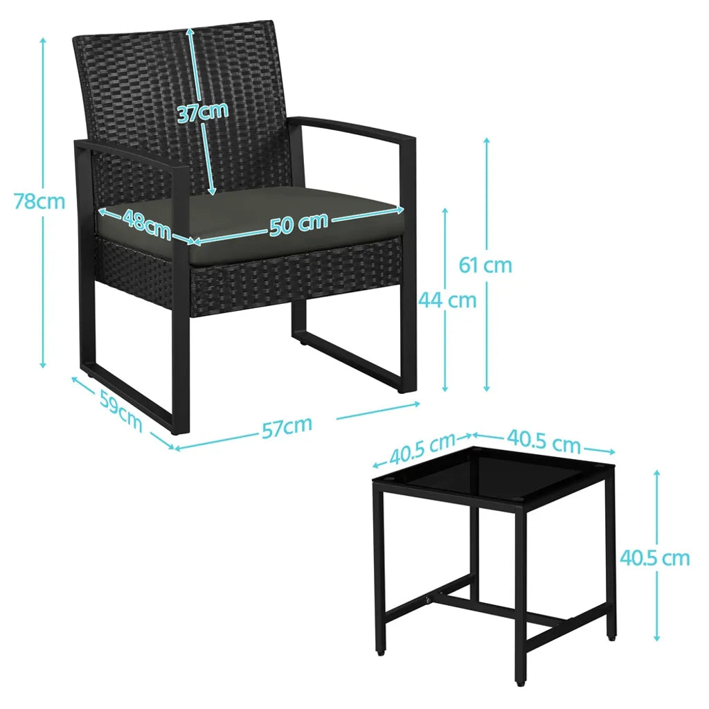 Yaheetech Gartenmöbel-Set, 3-teilig – Schwarz/Grau – Balkon-Set aus Polyrattan mit Beistelltisch