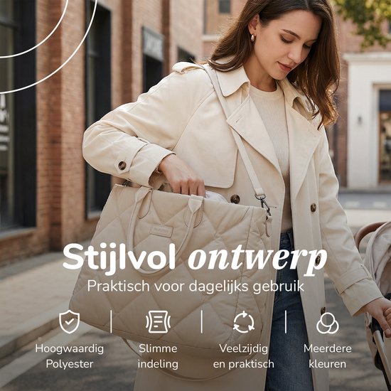 Mommsy Wickeltasche – Wickeltasche – Mom Bag – Thermofach – Gesteppter Puffer-Stoff – Mommy Bag – Besonders geräumig – Wasserabweisend – Organizer – Leicht – Beige