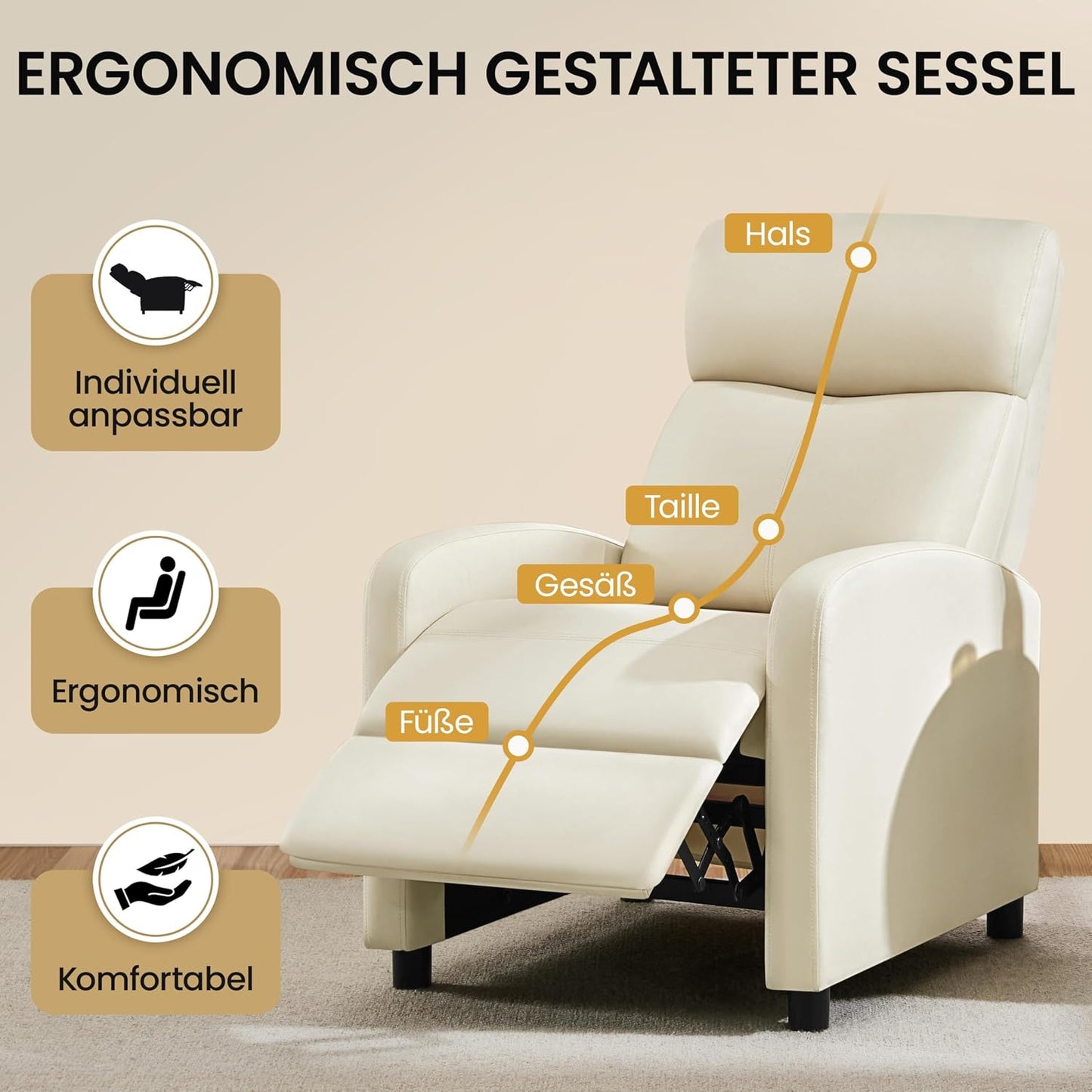 Yaheetech Relaxsessel XL – Verstellbarer Liegesessel mit Fußstütze – Kunstleder, beige – 87 x 61,5 x 99 cm