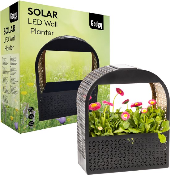 Gadgy Solar-Wandleuchte mit abnehmbarem Blumenkasten – Solarbetriebene Gartenbeleuchtung – Warmweißes LED-Licht – 30 x 25 cm – Schwarzes Metall