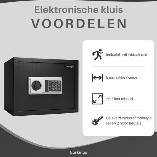 Earkings Safe 30x38x30 cm mit Zahlenschloss - Tresor Elektronische Spardose - Inklusive Befestigungsmaterial, zwei Notschlüsseln und Alarmschloss - 25.7L