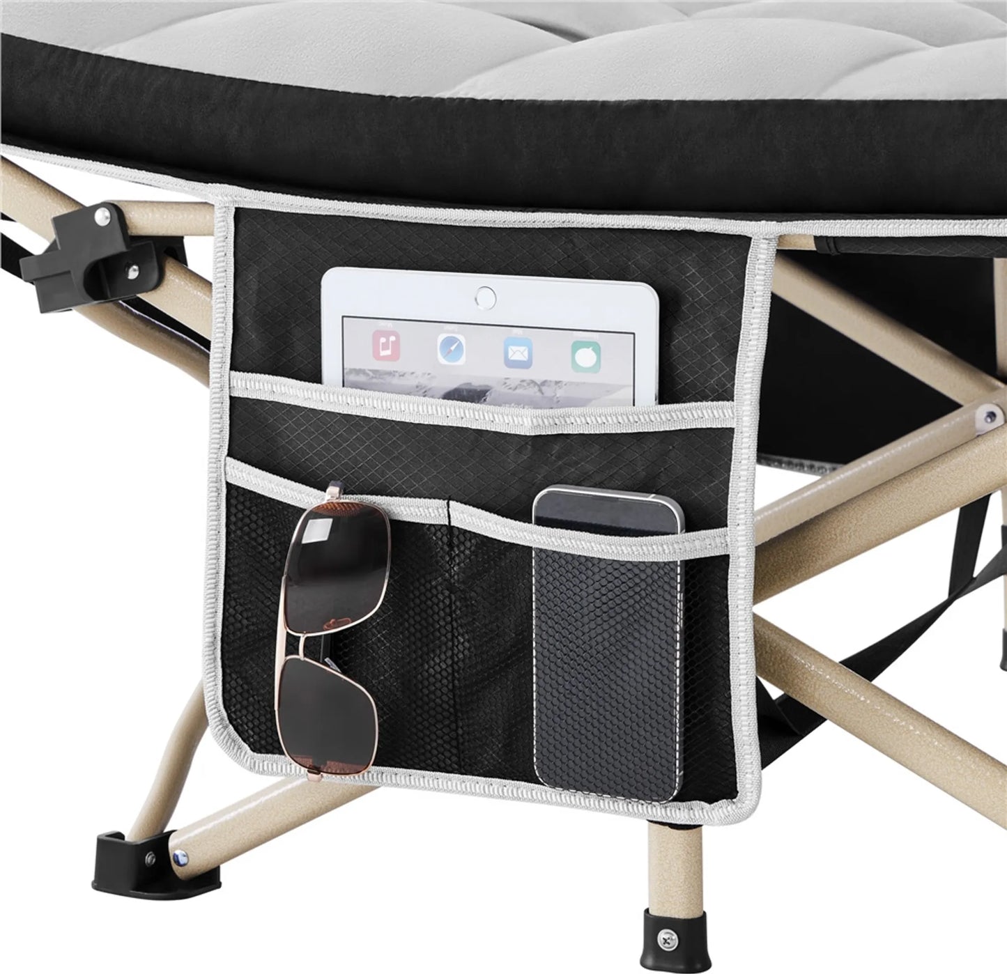 Yaheetech Camping Bett faltbar - Ausgestattet mit bequemer Matratze und praktischer Tragetasche und Seitenfächer - Für Camping und Gästezimmer - Schwarzes Metall und 600D Oxford Gewebe - 191 x 67 x 56 cm
