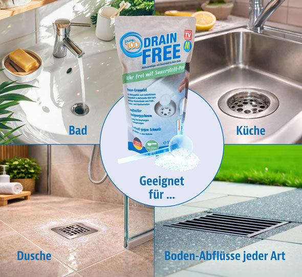 Pure100 Drainfree Abflussreiniger – 1 kg Granulat – 22 x 14 x 5 cm – Kraftvoller Abflussreiniger