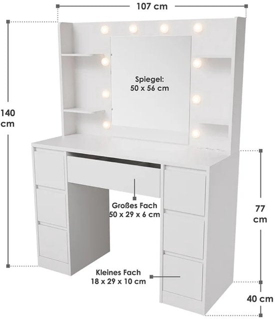 Malia Frisiertisch / Schminktisch - Inkl. Spiegel und LED - Weiß