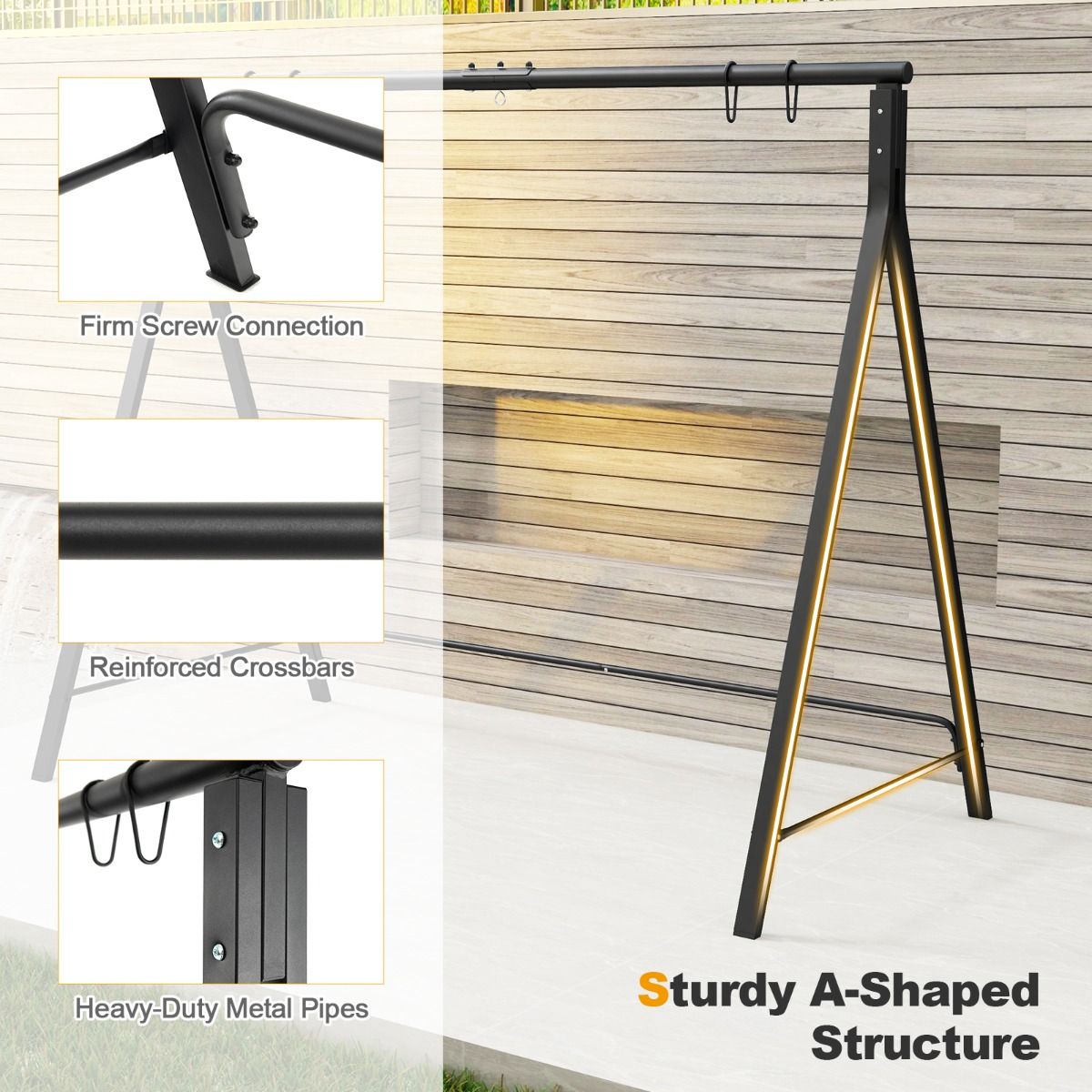 Coast Frame für Swing Bench/Hangchair - 5 Aufhängeringe - Metall Schwarz -210 x 115 x 175 cm - Max 160kg