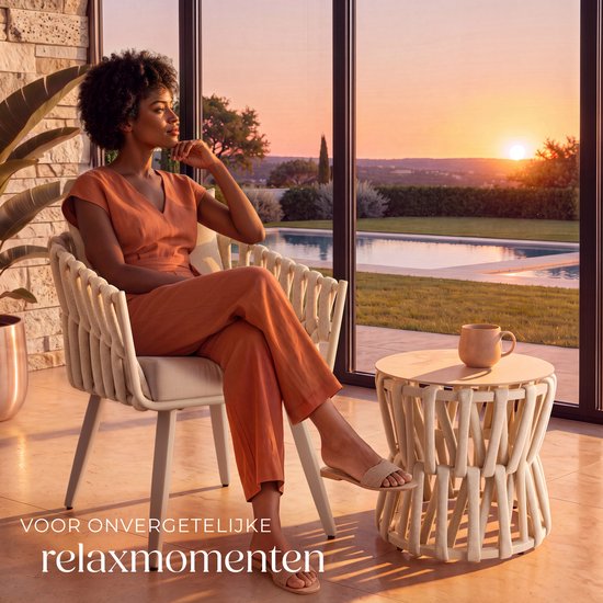 tectake® Gartenset Lugano – Gartenstuhl – Liegestuhl mit Beistelltisch – Gartenstuhl im Seil-Design mit Aluminiumgestell – Garten-Sessel mit dicken Kissen – Lounge-Set für Garten oder Balkon - Terrassenstuhl – UV- und witterungsbeständig – Beige