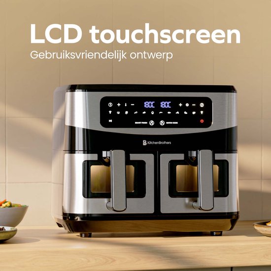 KitchenBrothers Double Airfryer - 2400W - Dual Zone - 9L - Heißluftfritteuse - Airfryer XXL - 2 x 4.5L - 10 Kochprogramme - Edelstahl/Schwarz