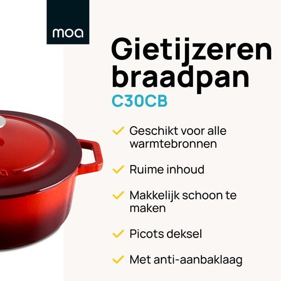 MOA Gusseisen-Kasserolle - Fassungsvermögen 7,2 Liter - 30CM - Rund - Alle Wärmequellen - Auch für Induktion - Gewicht 7,3 kg - Kirschrot - C30CB