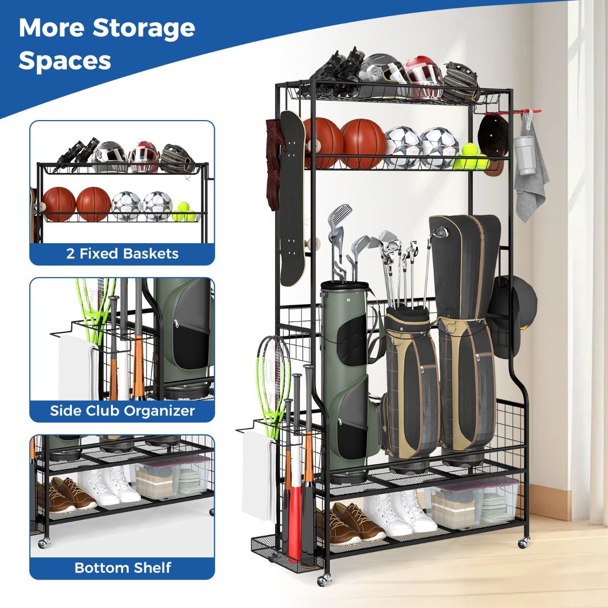 Coast Sportartikel-Organizer – mit Rollen – 4 Haken – zusätzliches Fach für Schläger – schwarz 132 x 40,5 x 194 cm