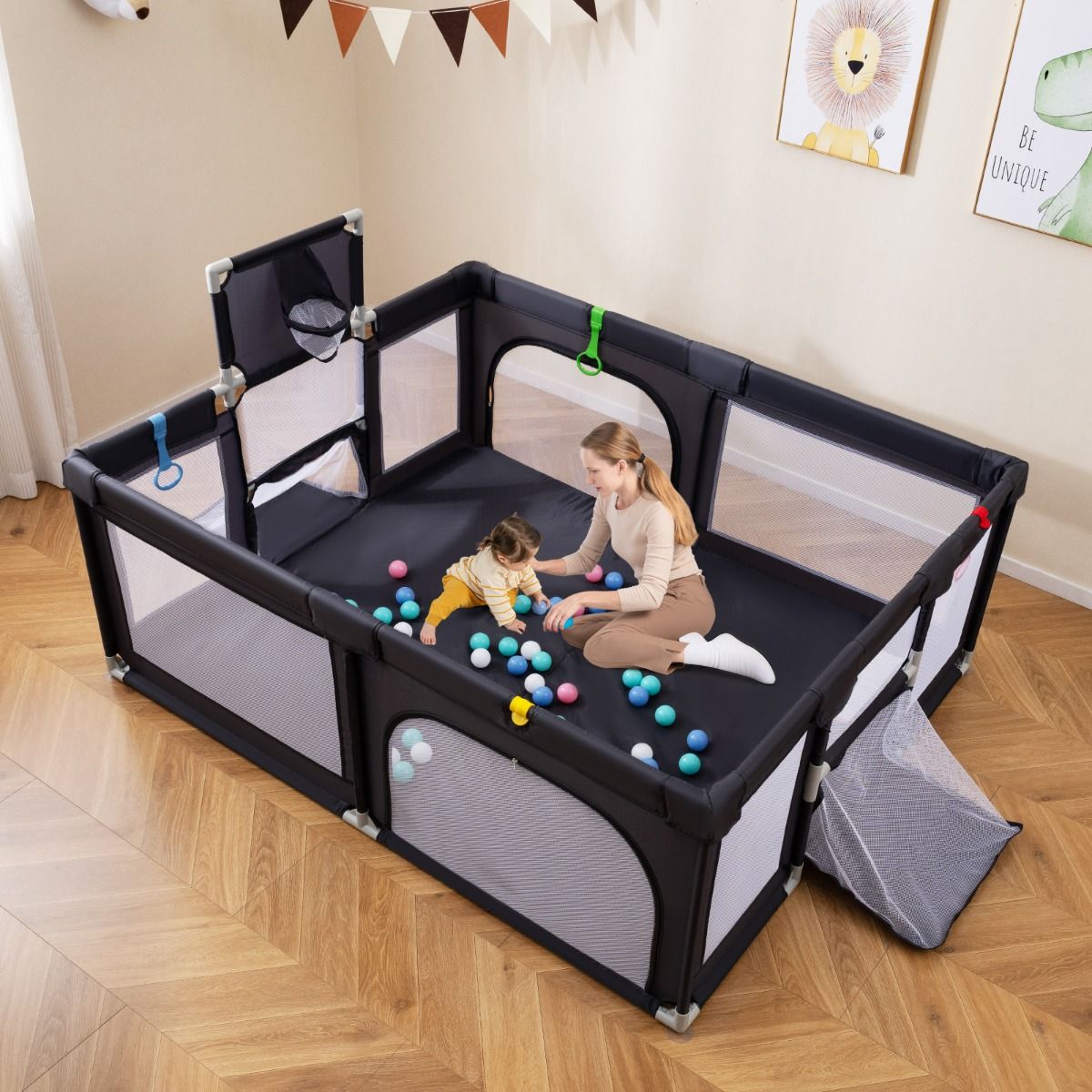 Coast Babybox mit Basketballkorb und Fußballtor – inklusive Bälle und Tragetasche – dunkelgrau 188 x 157 cm