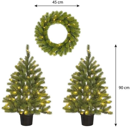 Black Box Trees Nagoya Weihnachtsbaum- und Weihnachtskranz-Set – 2 künstliche Weihnachtsbäume und 1 Kranz mit LED-Beleuchtung – H 90 x Ø 45 cm – Grün
