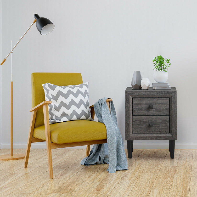 Multifunktionaler Retro-Nachttisch mit 2 Schubladen - 42 x 42 x 55 cm - Grau - MDF und Rubberwood