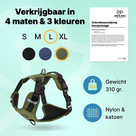 Jake und Jacky Hundegeschirr - Anti-Trekking-Geschirr - Reflektierend - Grün - Größe L