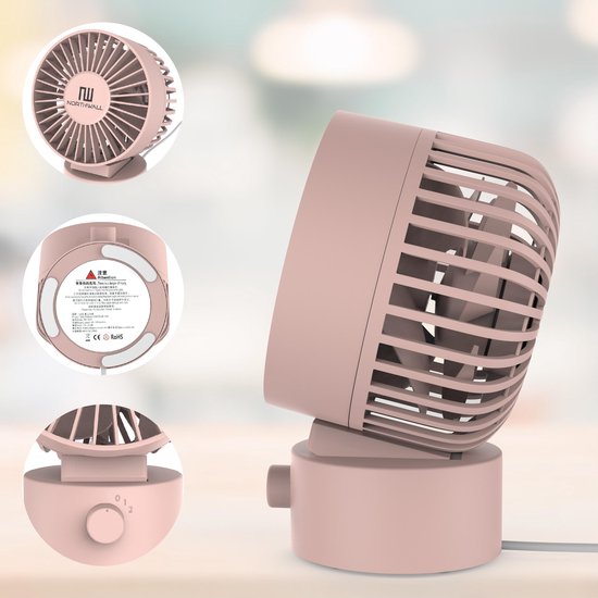Northwall Mini-USB-Ventilator – Tischventilator in Rosa – Leiser Mini-Ventilator – Retro-Schreibtischventilator – Klein, leise und geräuschlos – Zwei Motoren – Neigbar – 2 Geschwindigkeitsstufen