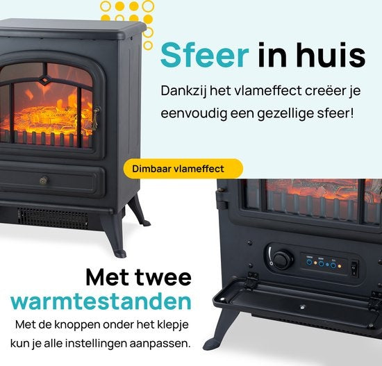 MOA Elektrischer Atmosphären-Kamin - Freistehend - 1800W - Realistischer Flammeneffekt - Kamin - Schwarz