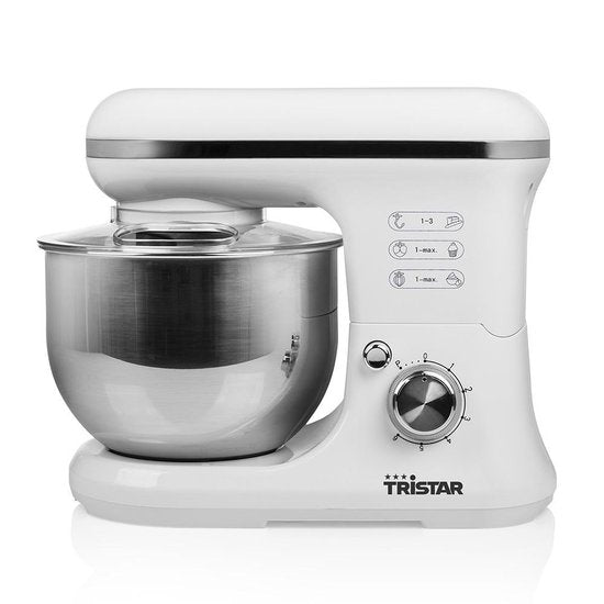 Tristar Küchenmaschine MX-4817 – Küchenmixer mit 5-Liter-Rührschüssel – Inklusive 3 Knethaken – Küchenroboter – 6 Programme – Spülmaschinenfest – 1200 Watt – Weiß