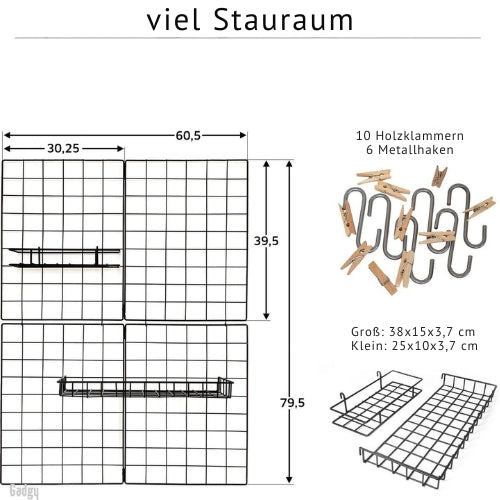 Gadgy - Klappbares Wandregal im Industrial-Stil - mit 2 Regalen, 6 S-Haken und 10 Heringen - Schwarz