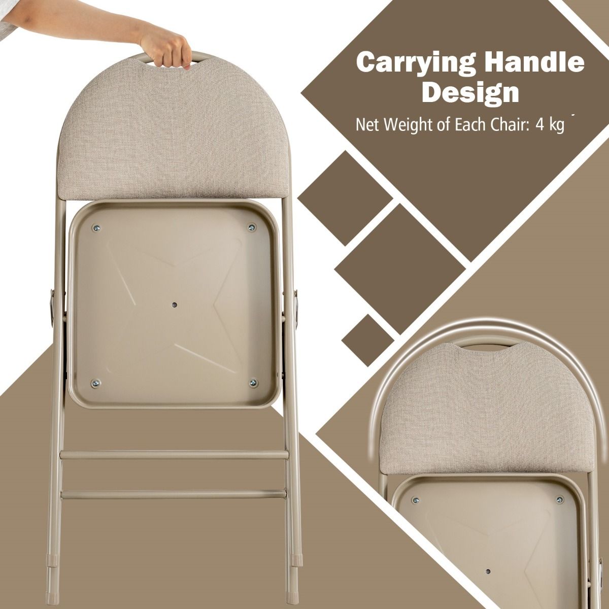 Coast 4-tlg. tragbares Klappstuhl-Set - Metallgestell, gepolsterter Sitz und stoffbezogene Rückenlehne, Beige, 47 x 50 x 88,5 cm