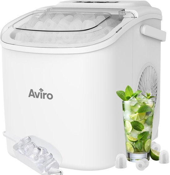 Aviro Eiswürfelmaschine – 1,3 l – Mit Eisschaufel – Selbstreinigungsfunktion – 12 kg / 24 Std. – 9 Würfel / 6 Min. – Weiß