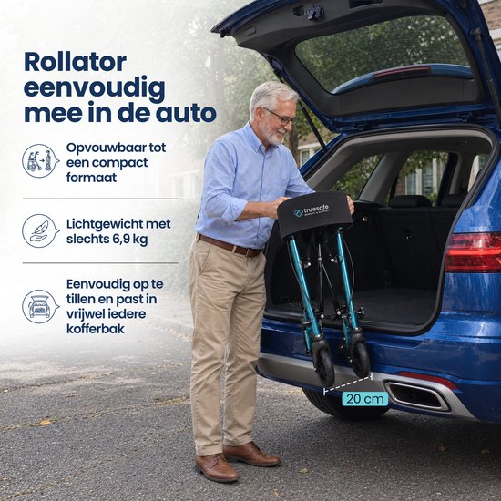TrueSafe Rollator, leicht und zusammenklappbar (6,9 kg) – Für drinnen und draußen – Inkl. ergonomischem Sitzkissen, Beleuchtung, Rückenlehne, Gehstockhalterung und mehr – Blau
