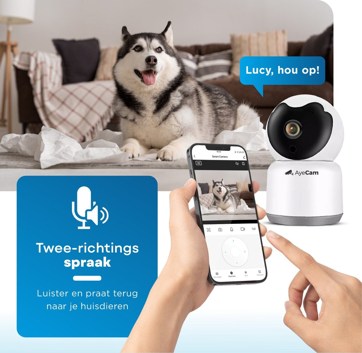 AyeCam Haustierkamera - Mit App - Inkl. 32GB SD - WiFi - Bewegungs- & Geräuscherkennung - Sicherheitskamera - Hundekamera