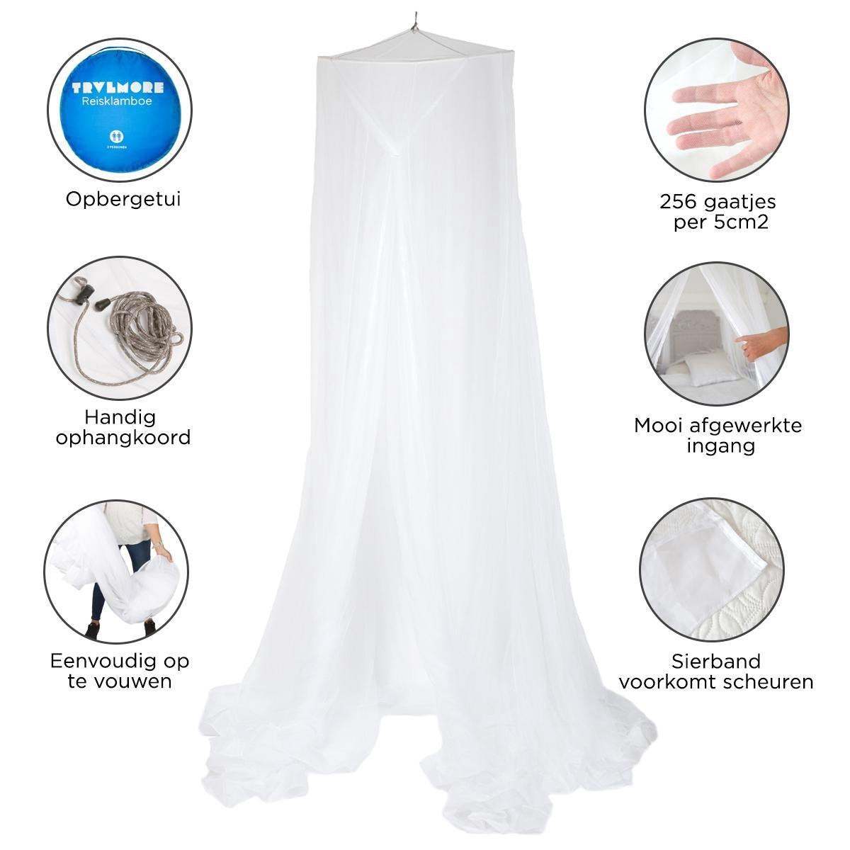 TRVLMORE Double XL Moskitonetz de Luxe - Rundes Moskitonetz - Reise-Moskitonetz - Anti-Moskitonetz geeignet für Doppelbett - Extra groß - mit Aufhängeschnur - Weiß