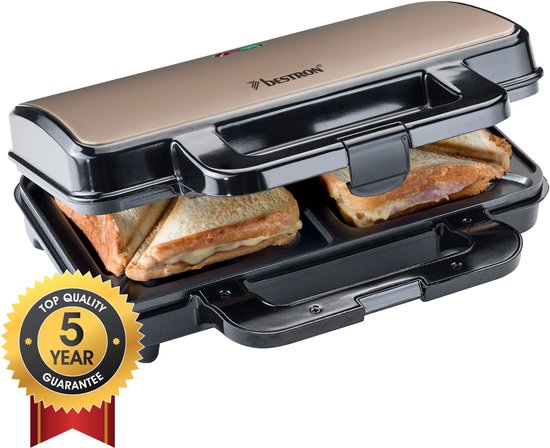 Bestron Sandwichtoaster – ASM90XLSAT – 900 W – Für 2 Sandwiches – Antihaftbeschichtung – Weiß/Grau – 5 Jahre Garantie