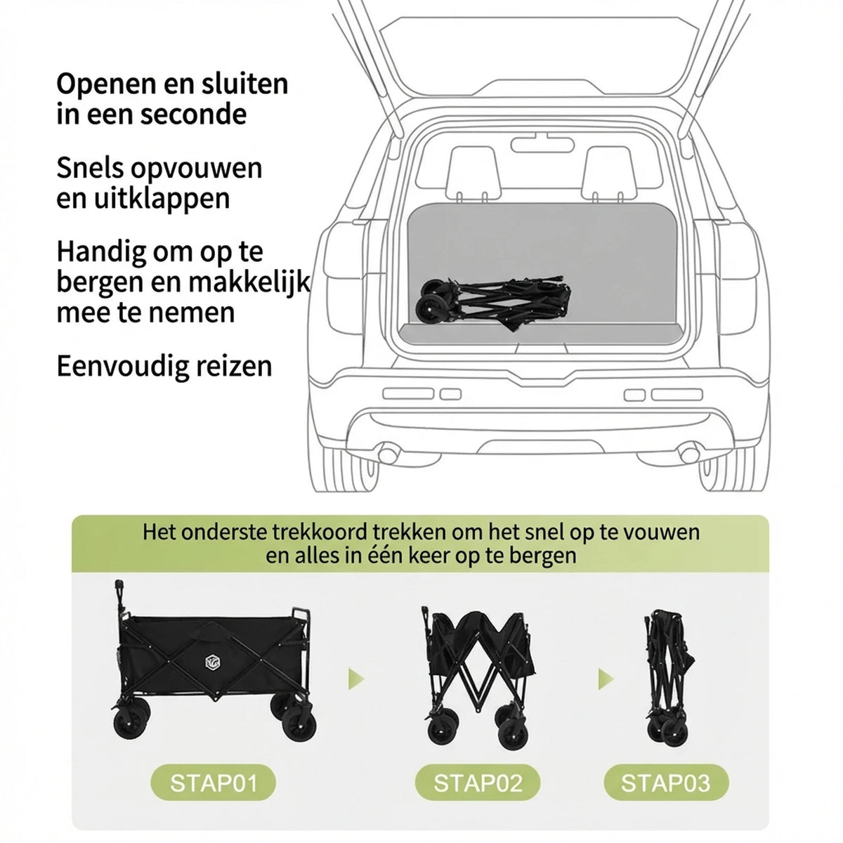 ochama Campingwagen 150 l – Zusammenklappbarer Handwagen mit Kugellagern – 260 kg Tragkraft – 300 l Stapelkapazität – Schwarz