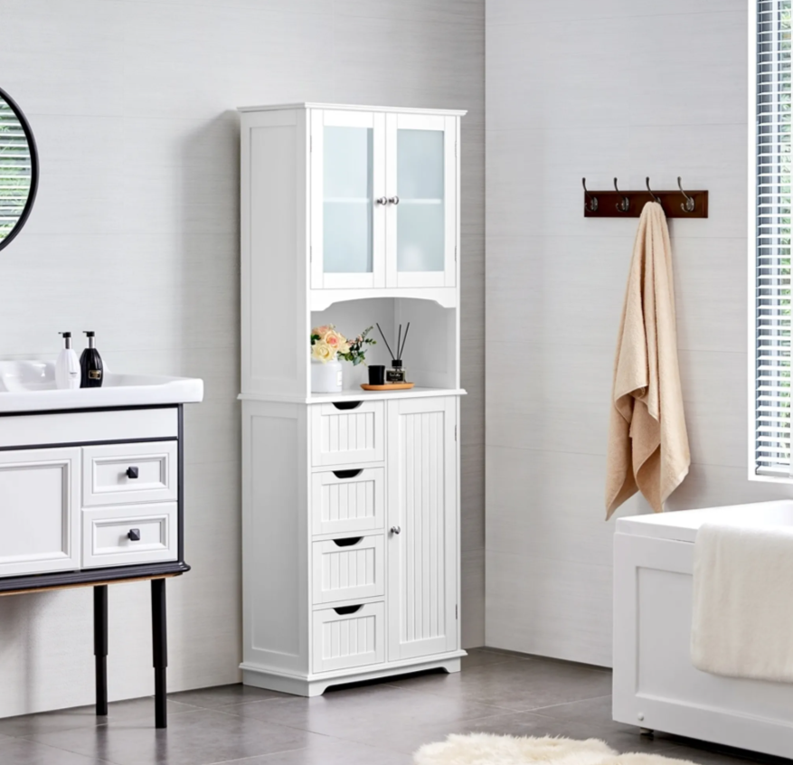 Yaheetech Badezimmerschrank – Weiß – 63 x 30 x 165,5 cm – Glastüren, 4 Schubladen, verstellbare Einlegeböden