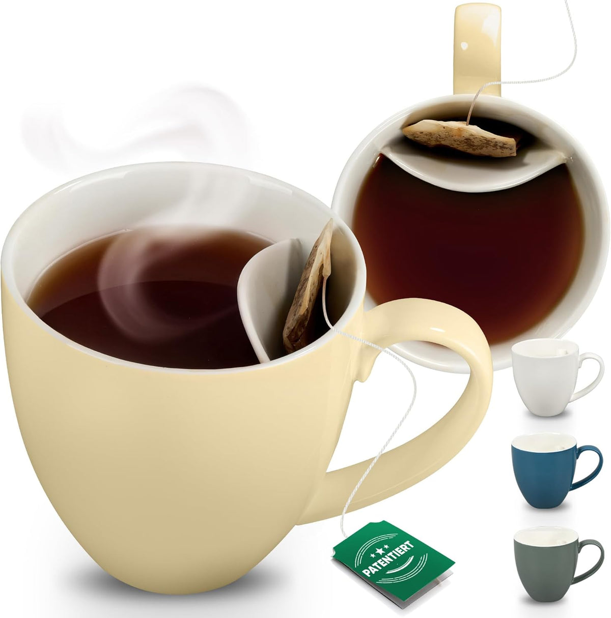 Neighbour's Friend Patentierte Teetasse beige mit Beutelablage I Keramik Tasse groß 325ml I Teebecher Steingut I Keramiktasse für Tee I Spülmaschinengeeignet Teetassen I Modernes Design für Teetrinker