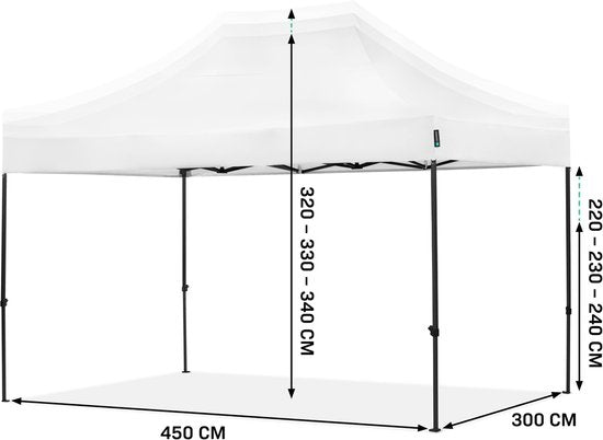 VONROC Partyzelt – 3 x 4,5 m – Premium-Easy-Up-Partyzelt – Modulares Design – Zusammenklappbar – Wasserdicht – Stahlrahmen – UV-Schutz 50+ – Inkl. Aufbewahrungstasche – Weiß