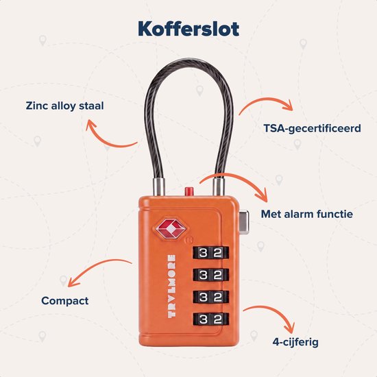 TRVLMORE Kofferschloss mit Kabel – TSA-zertifiziert – Alarmfunktion – 4-stellig – 2 Stück – Orange