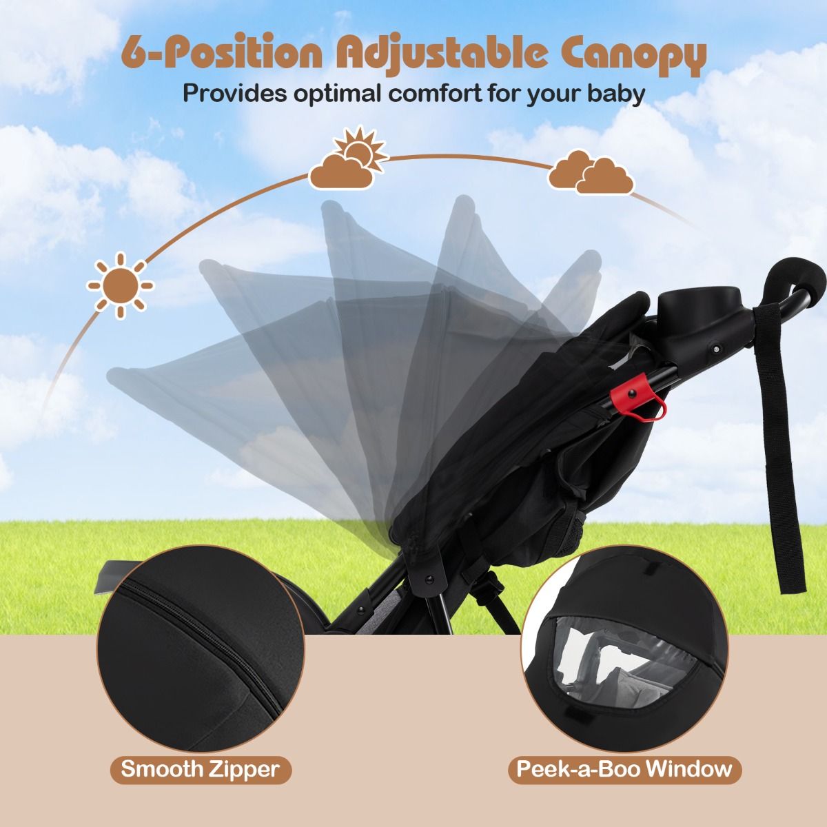 Coast Jogging-Kinderwagen – Zusammenklappbarer Kinderwagen – Verstellbares Sonnendach – Neigbarer Sitz – Schwarz