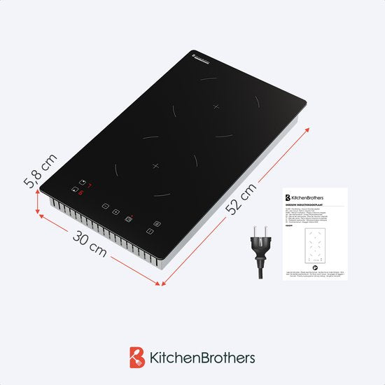 KitchenBrothers Induktionskochfeld - Eingebautes Induktionskochfeld - 30 cm - 2 Zonen - 1 Phase - bis zu 3300W - Schwarz