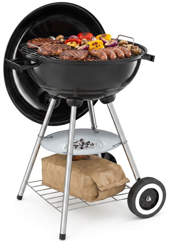 tectake® Holzkohlegrill – Kugelgrill – Grillplatte Ø 41,5 cm – Grill mit 2 Rädern – Smoker mit Deckel – rund – schwarz – Metall