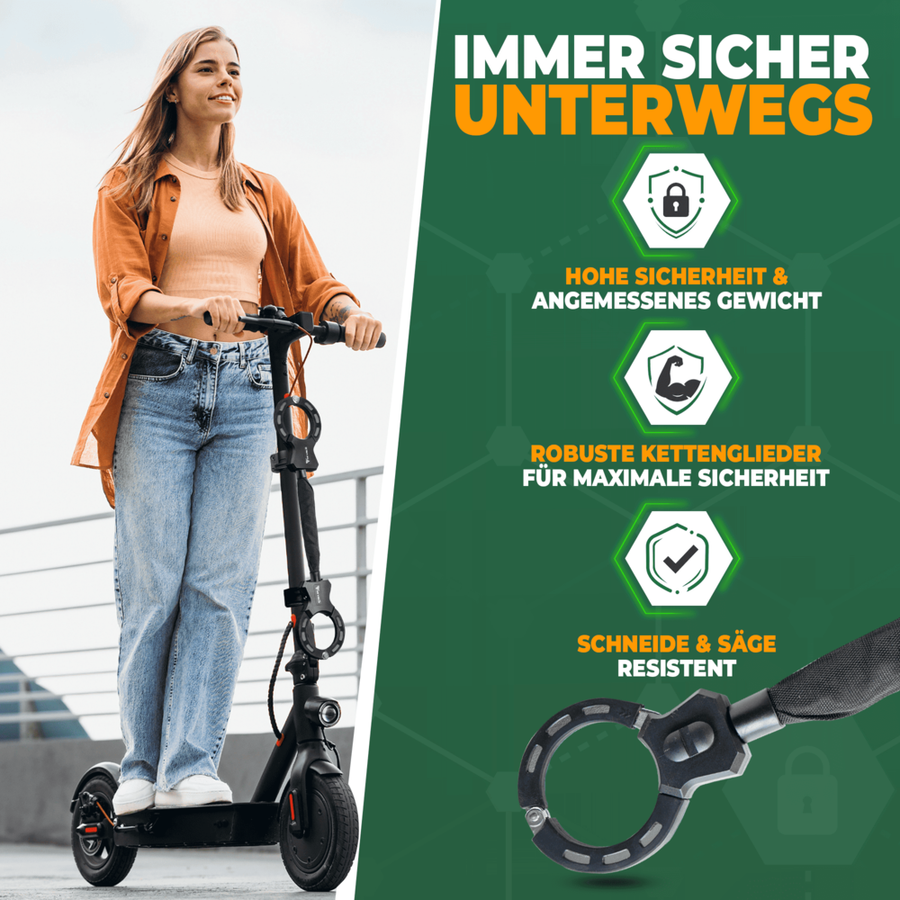 Robustes E-Scooter- und Fahrradschloss mit 14-mm-Kette aus Hartstahl – 60 cm – Handschuhschloss – inklusive Halterung und 3 Schlüsseln