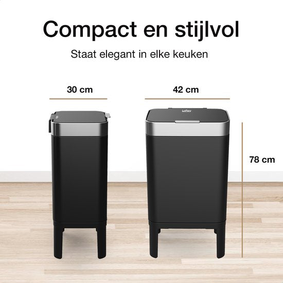 Loftey Mülleimer 60 Liter - Push/touch Mülleimer - Duo Mülleimer mit Inneneimer - Mülleimer 2 Fächer - Mülltrennung 2x30L - Küche - Schwarz/RVS