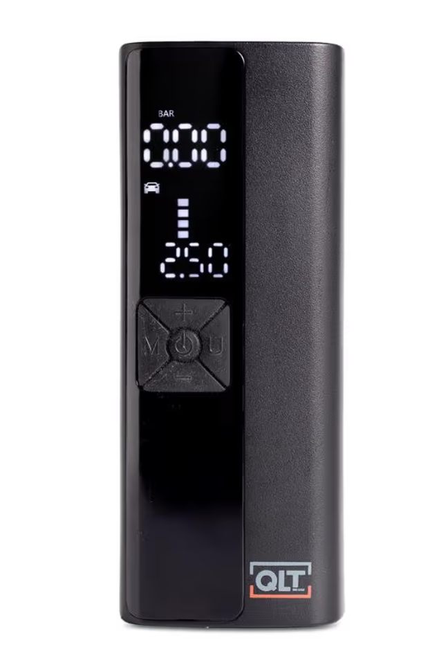 QLT Kabelloser Luftkompressor – über USB aufladbar – LCD-Display mit LED-Beleuchtung – Schwarz – 5,5 x 4,5 x 19,8 cm