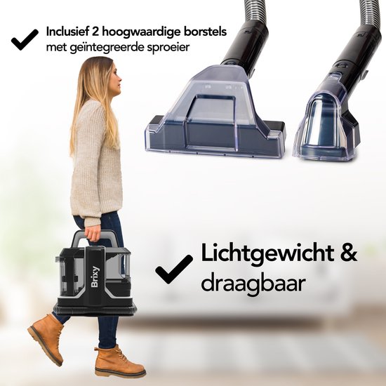 Brixy Professional Teppichreiniger - Fleckenreiniger - 2 Bürsten - Leistungsstark und tragbar - Sofa-Reiniger - Möbel-Reiniger - Sitz-Reiniger - Schwarz