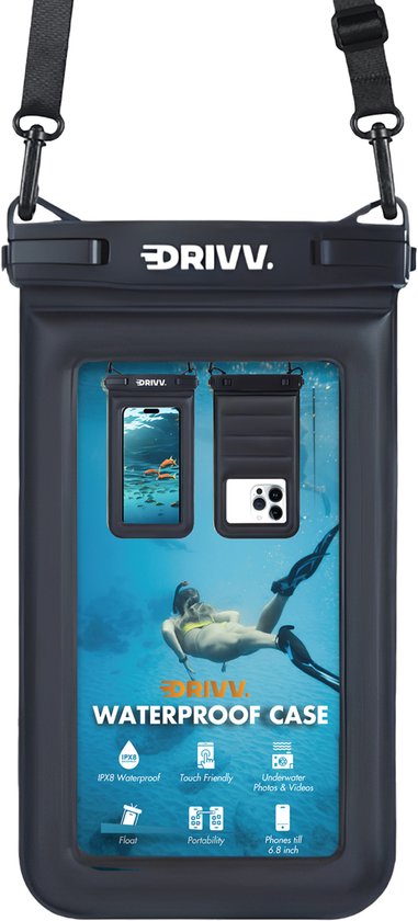 Drivv. Luxuriöse wasserdichte Handyhülle – schwimmfähig – doppelter Clipverschluss – zusätzlicher Schwamm – für Handys bis zu 6,8 Zoll – Unterwasser-Handyhülle – Schwarz