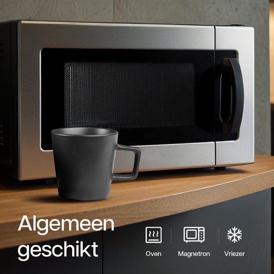 Deleca Kaffeetassen 6er Set - Kaffeetassen mit Ohr - Kaffeetassen / Becher - Massiv Steingut - Matt Schwarz / 360 ml