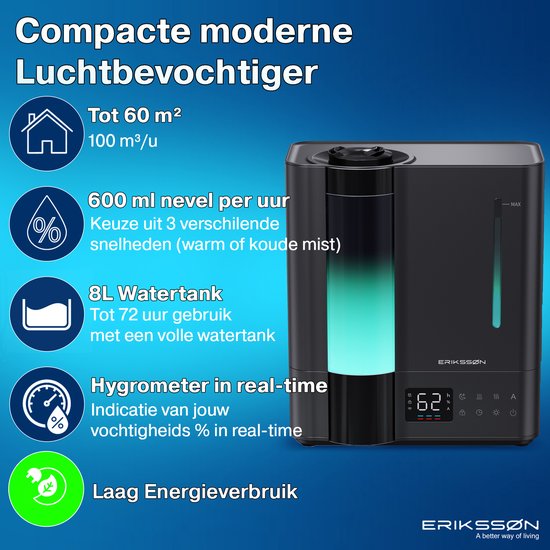Erikssøn Luftbefeuchter Elite – 8 Liter – Geeignet für Wohnzimmer, Büro, Schlafzimmer, Babyzimmer – Luftbefeuchter – Mit Aromatherapie – Schwarz