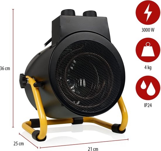 Tristar KA-5061 Industrieheizgerät – 1500 W – 3000 W – 3 Stufen – Einstellbarer Thermostat – IPX4 spritzwassergeschützt – Schwarz/Gelb
