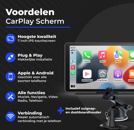 CarMe - CarPlay Bildschirm 7 Zoll - Apple CarPlay & Android Auto (Wireless) - Touchscreen - Auto-Navigationssystem