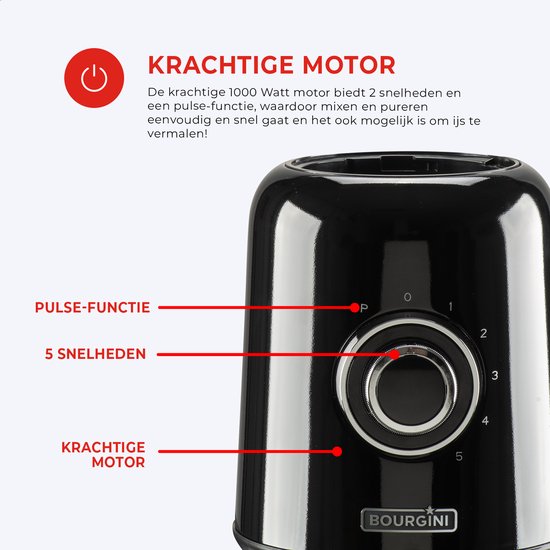 Bourgini Retro-Mixer – 5 Geschwindigkeitsstufen und Pulsfunktion – 1,5 Liter – Smoothie-Mixer – 500 Watt – Schwarz