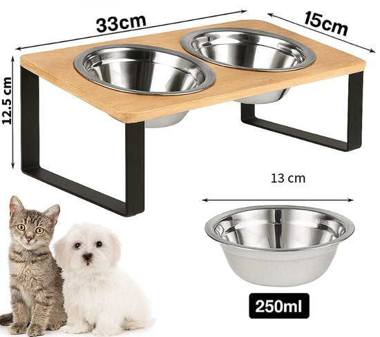Ceruzo Doppel-Futternapf - Kleine Hunde - Edelstahl - Bambus-Metall Standard -33x15x12,5 cm