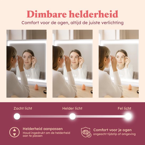 Fraay® Hollywoodspiegel mit Beleuchtung 60x50cm - 3 Lichtstufen - Schminkspiegel mit 10-facher Vergrößerung - LED-Streifenbeleuchtung dimmbar - Inkl. 2 Beauty Blenders und Puderquaste