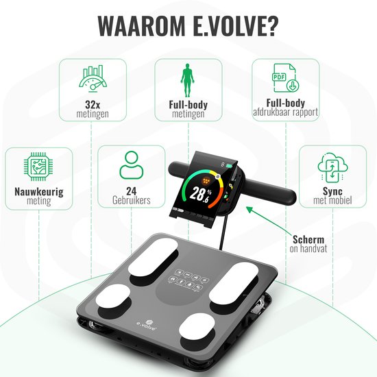 e.volve X11 Waage – Digitale Personenwaage – Intelligente Waage mit 32 Körperanalysen – Über USB aufladbar – Inkl. App & Tragegriff